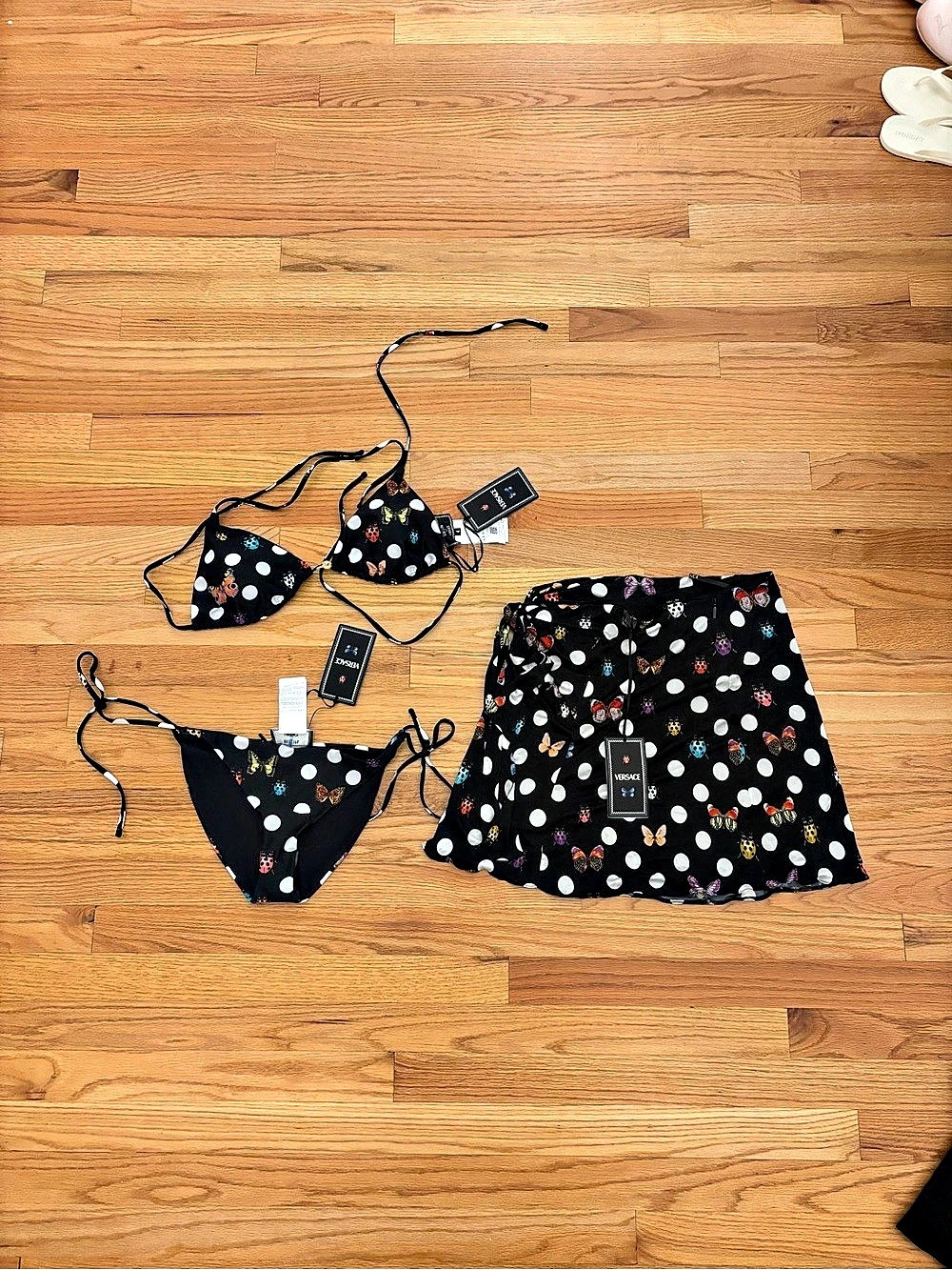 Versace x Dua Lipa La Vacanza Butterfly & Polka Dot Bikini and Skirt Set La
